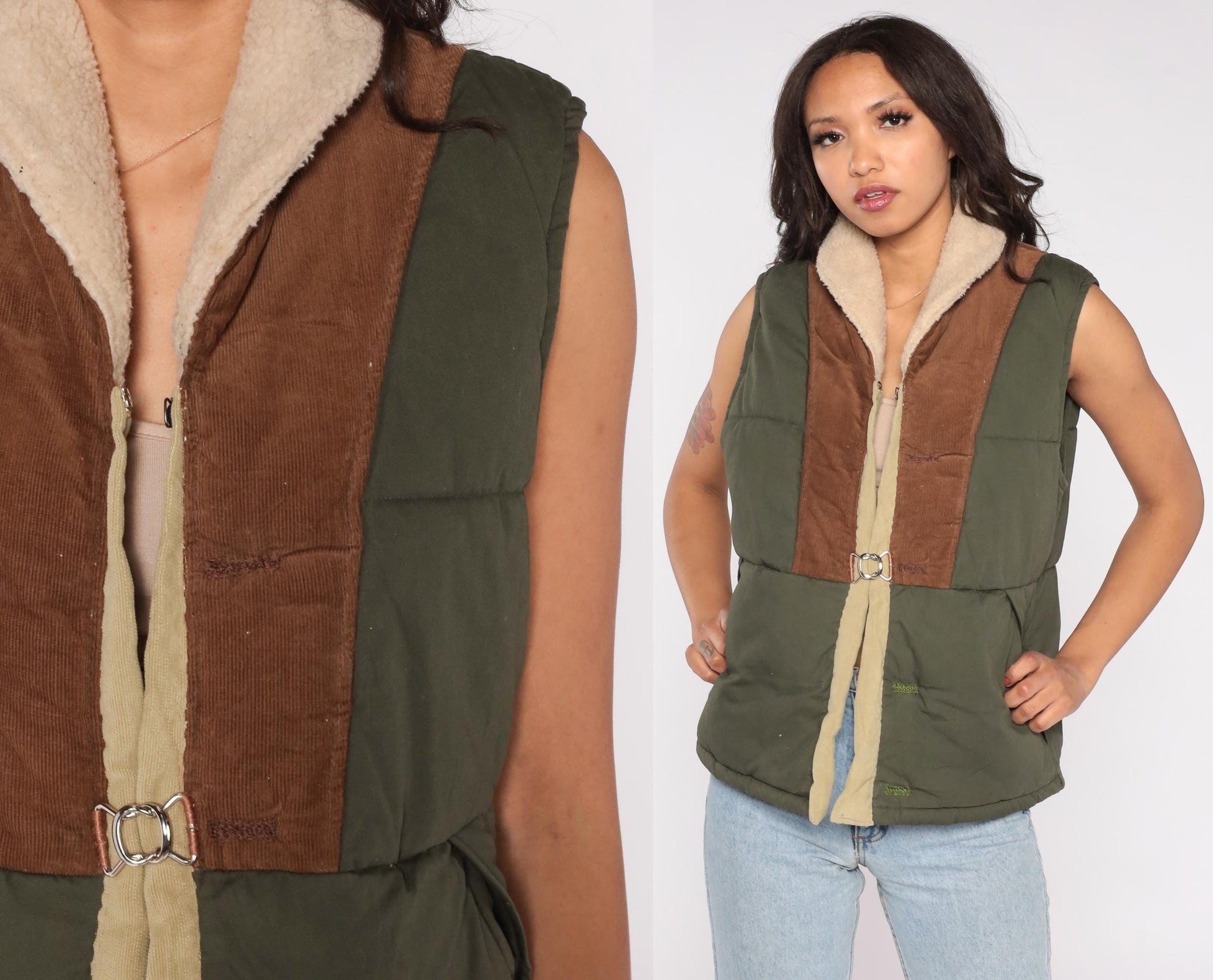 Y2K Olive Green Puffer Vest Corduroy Trim Sherpa Collar Medium M