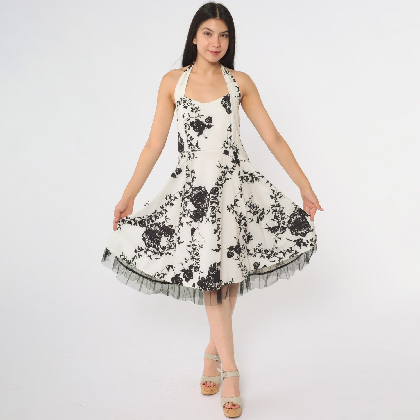 Y2K Black White Rose Halter Midi Dress Tulle Hem Backless Large L