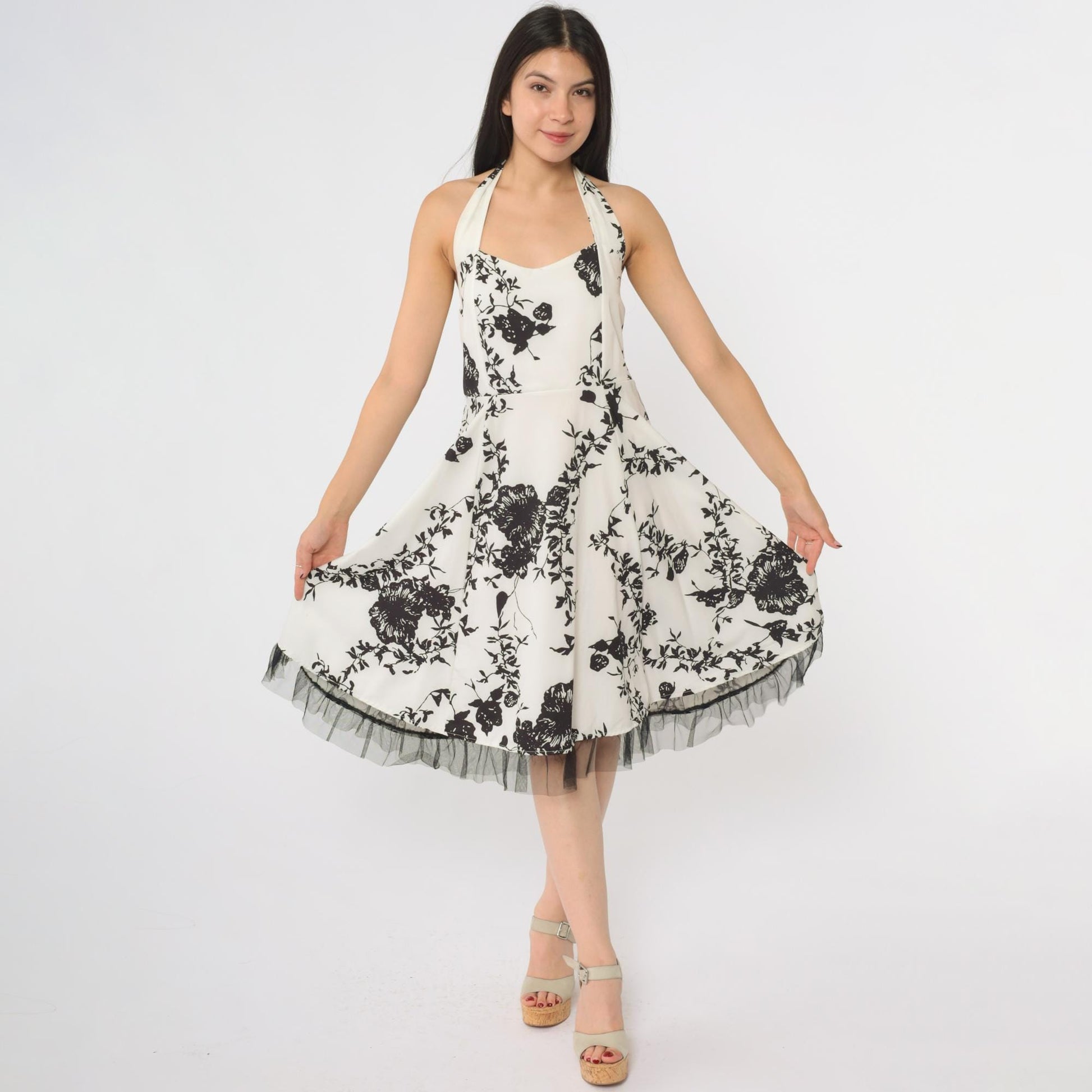 Y2K Black White Rose Halter Midi Dress Tulle Hem Backless Large L