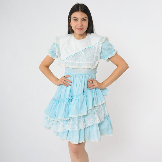 80s Allison Daley Light Blue Ruffle Dress Puff Sleeves Lace Trim Extra Small