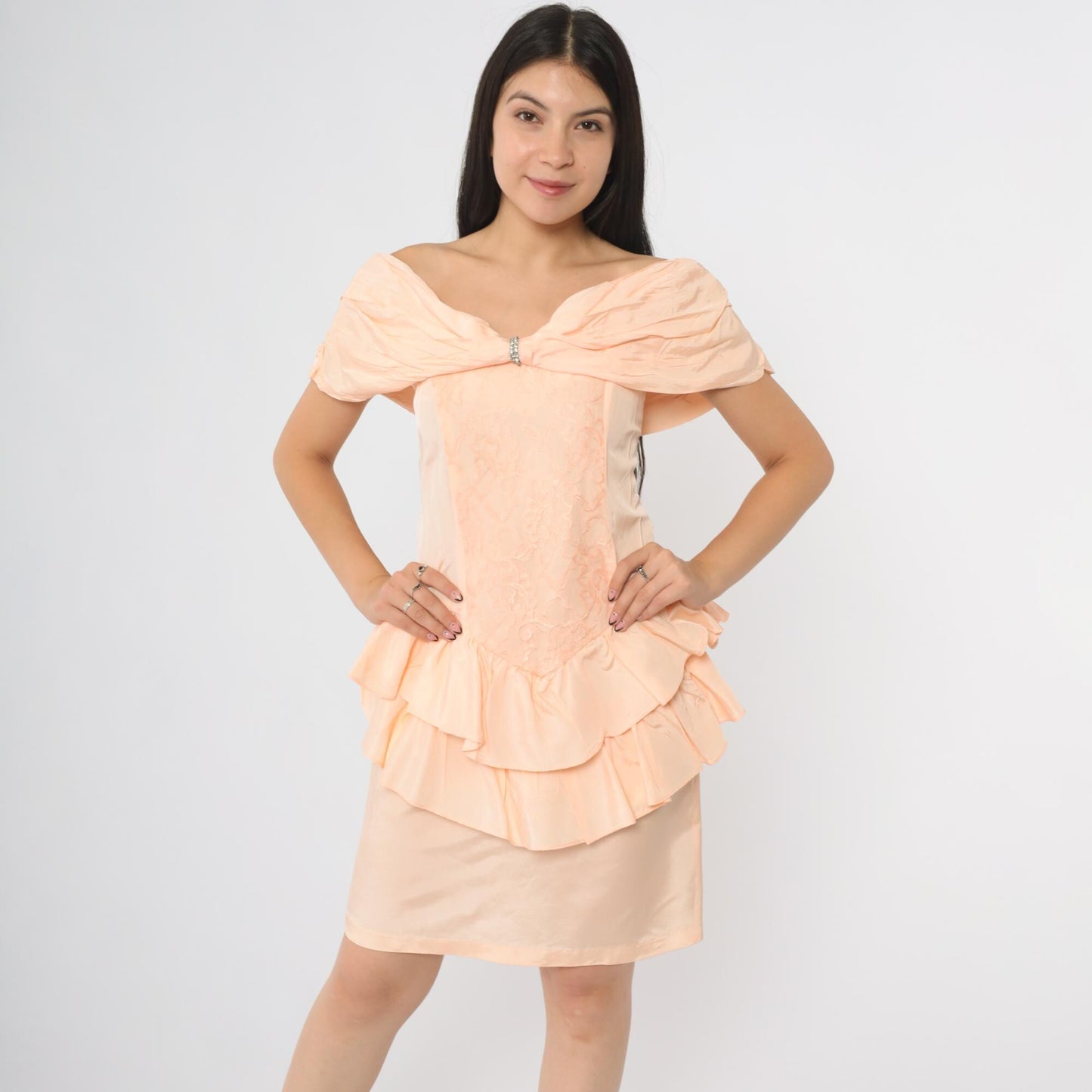 80s Peach Off-Shoulder Ruffle Peplum Dress Rhinestone Detail Small S
