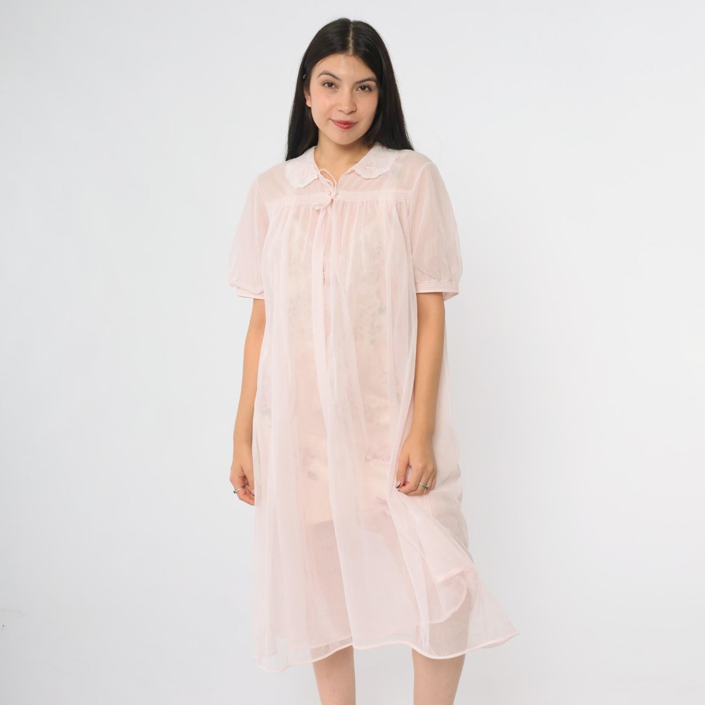 70s Pink Nylon Nightgown Peter Pan Collar Tie Front Midi Medium Large