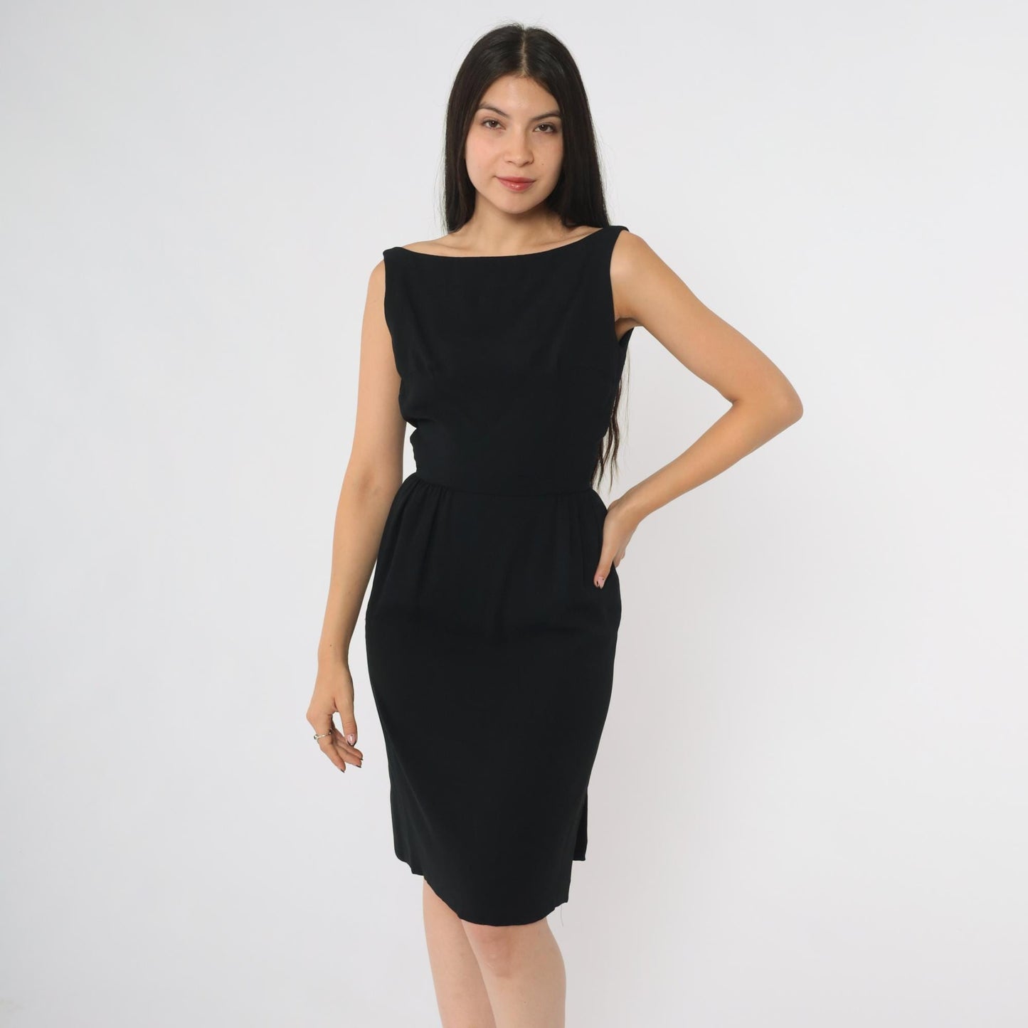 60s Black Mini Dress Open Back Boat Neck Sleeveless Sheath XSmall