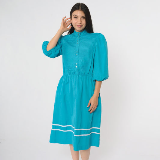 80s Turquoise Midi Dress Puff Sleeve Button Front Pintuck Bodice Medium
