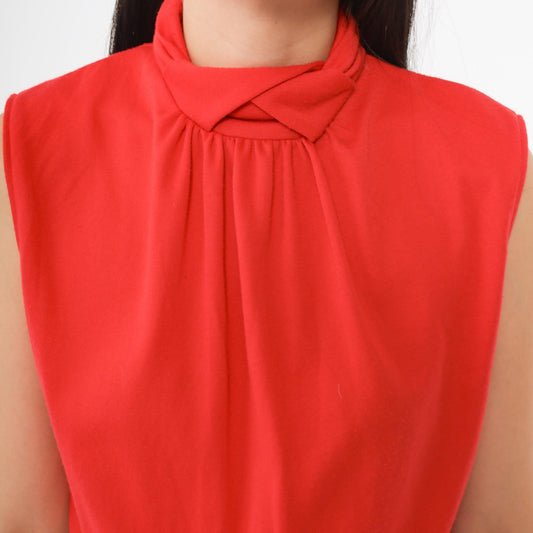 80s Impromptu Red Sleeveless Midi Dress Elastic Waist Collar Small