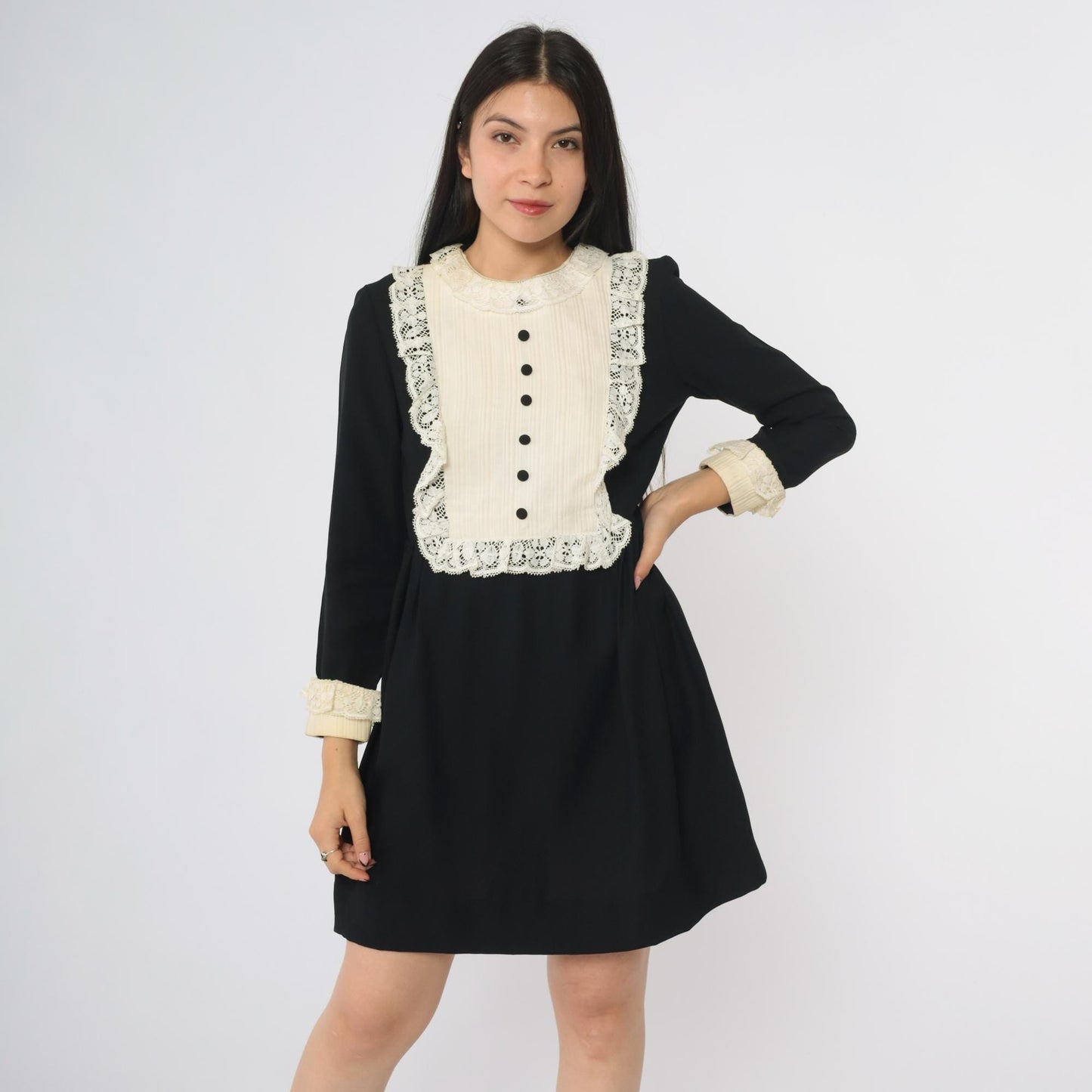 60s Black Babydoll Mini Dress White Lace Bib Long Sleeve Medium