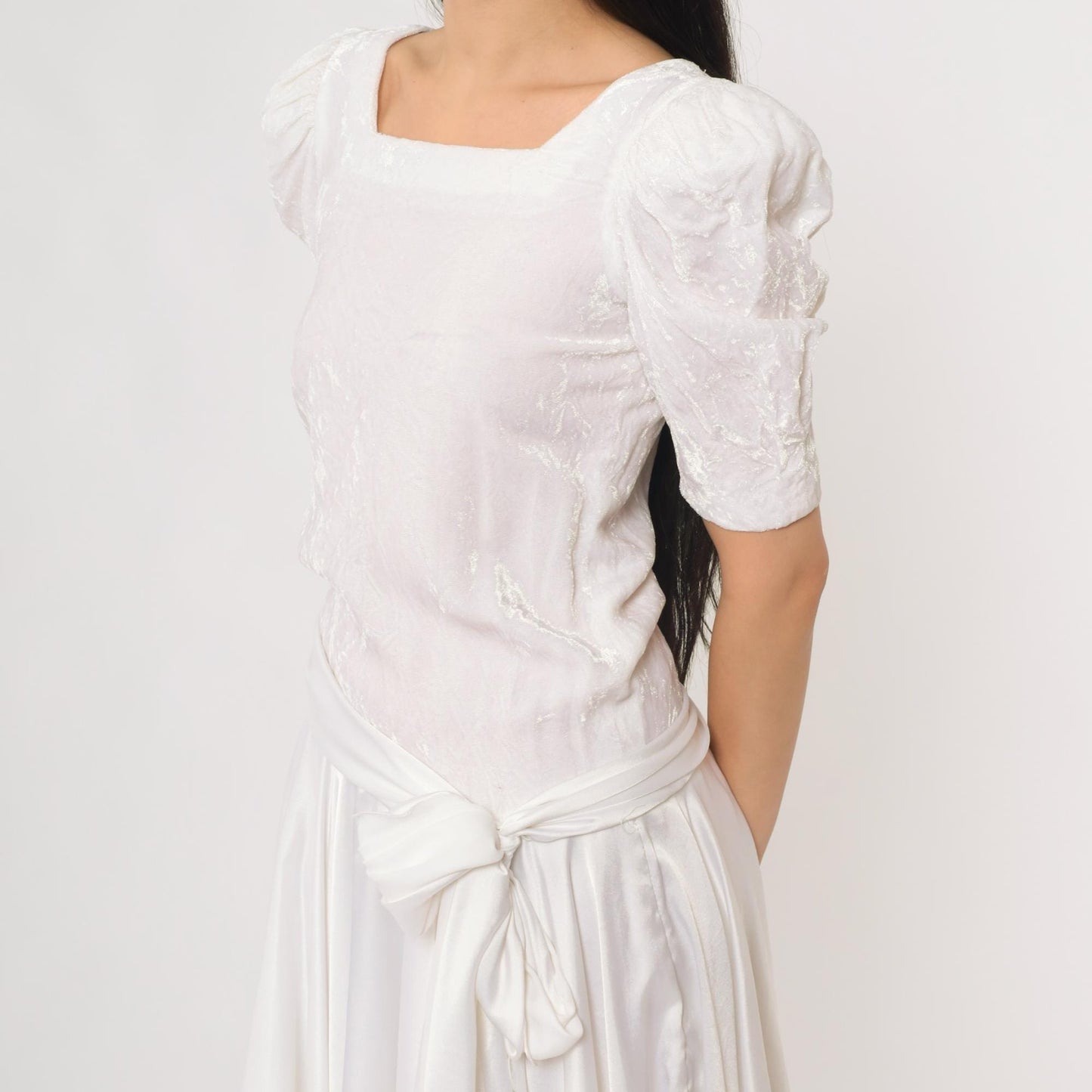 80s White Puff Sleeve Dress Square Neck Wrap Bodice Handkerchief Hem Extra Small XS