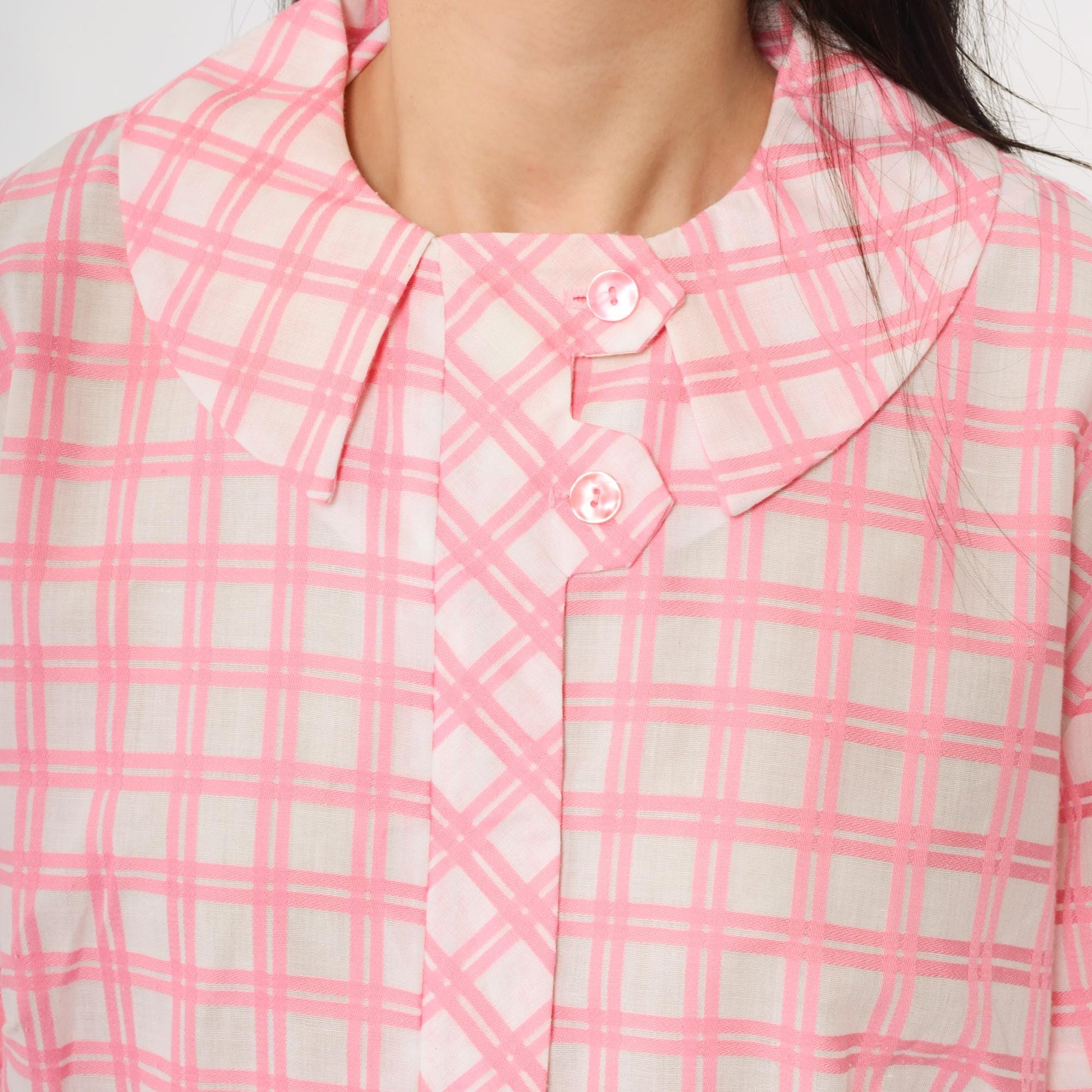 1960s Pink Plaid Shift Dress Peter Pan Collar Button Front Large L