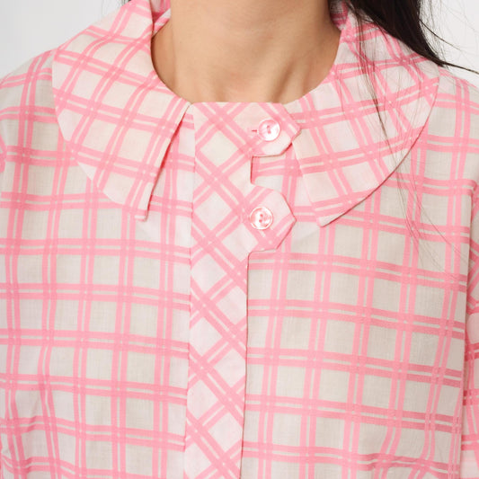 1960s Pink Plaid Shift Dress Peter Pan Collar Button Front Large L