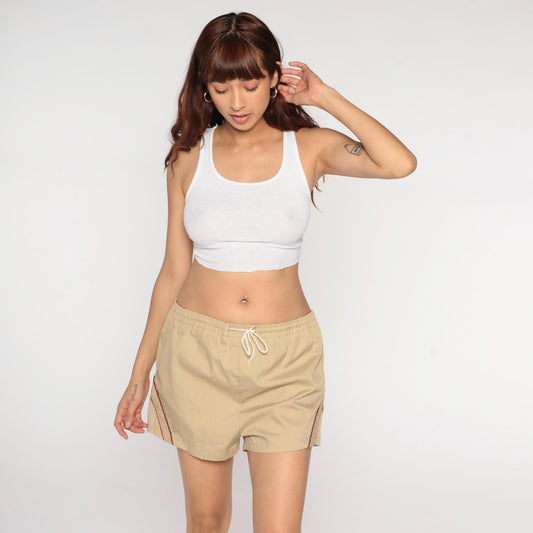 80s Tan Swim Shorts Red Trim Athletic Drawstring Cotton Nylon Medium