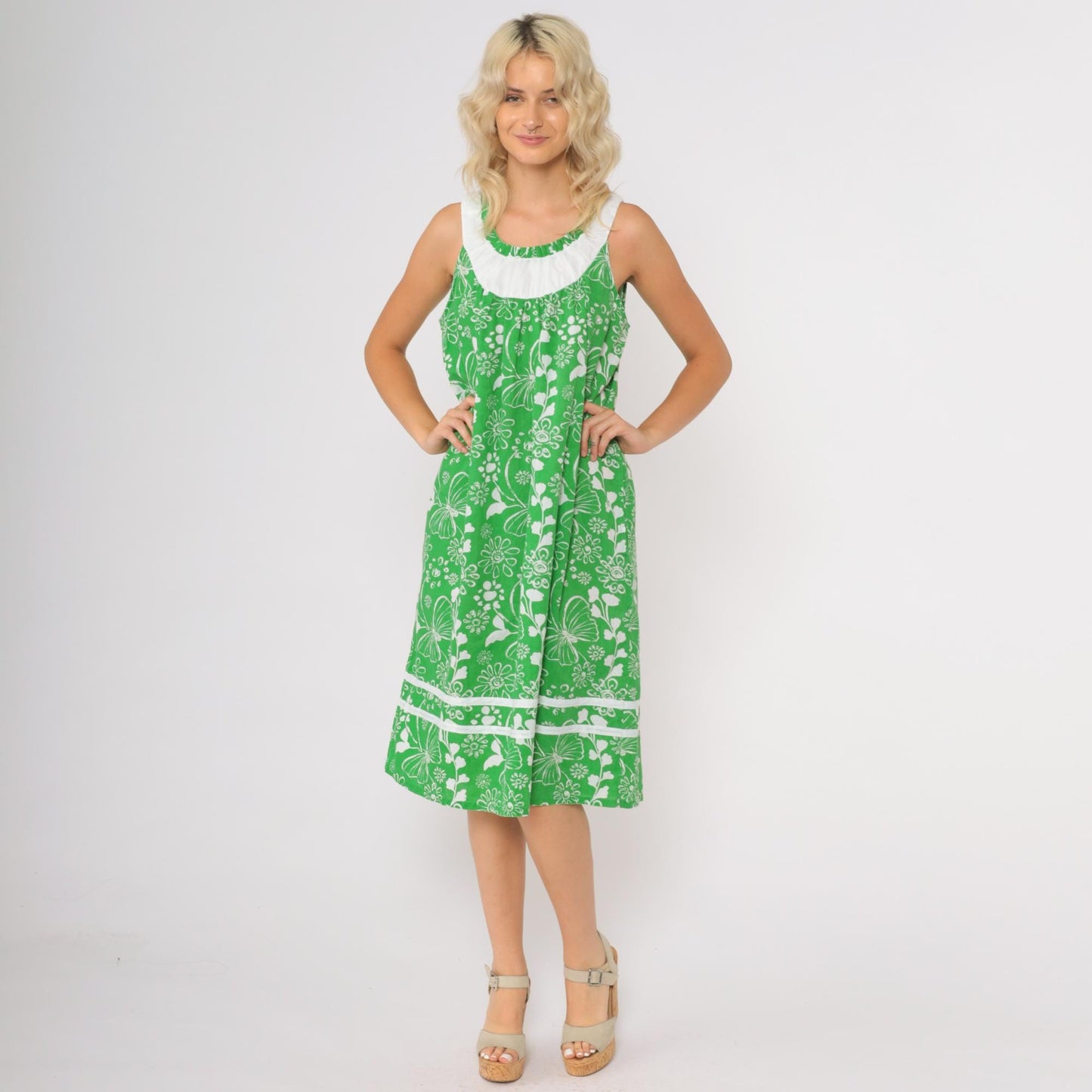 90s Anthony Richards Green Floral Midi Dress Butterfly Ruffle Trim Medium