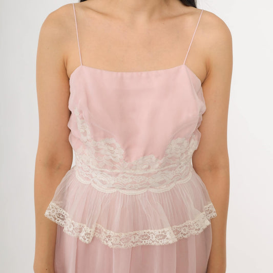 70s Miss Elliette California Pink Babydoll Mini Dress Lace Peplum Size 8