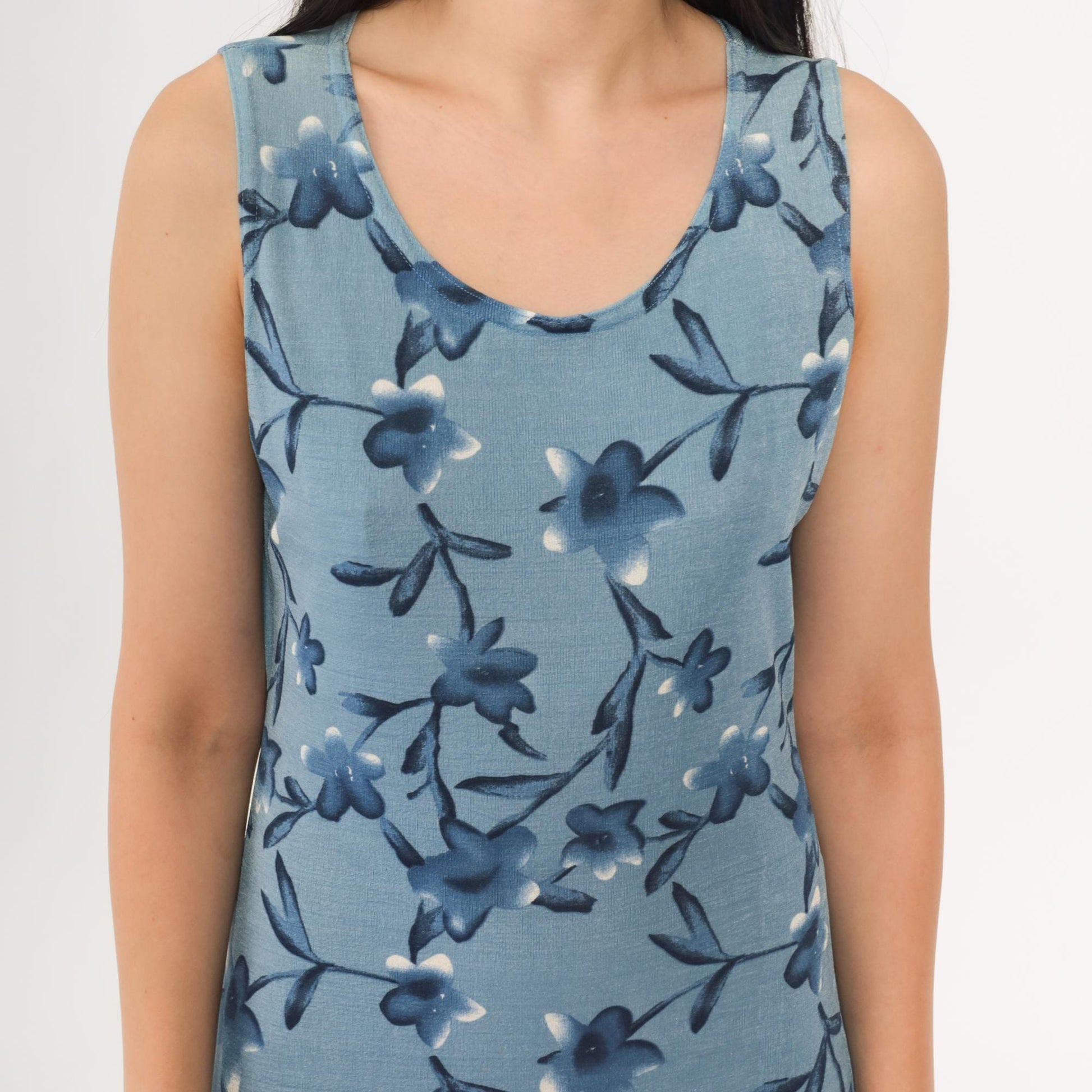 90s Blue Floral Maxi Dress Sleeveless Tank Scoop Neckline Medium M