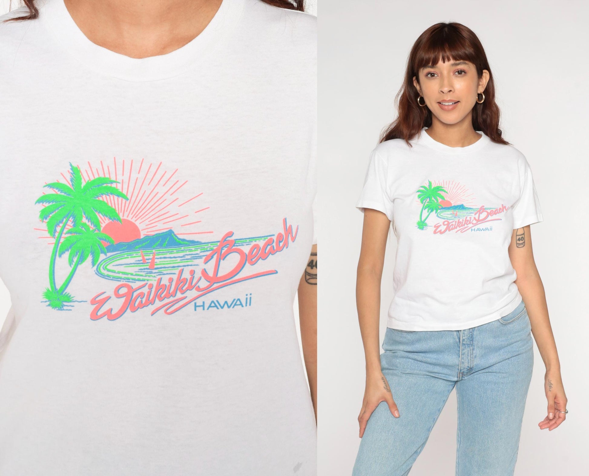 1990s Waikiki Beach Hawaii Graphic T-Shirt Hanes Tropical Palm Tree Small