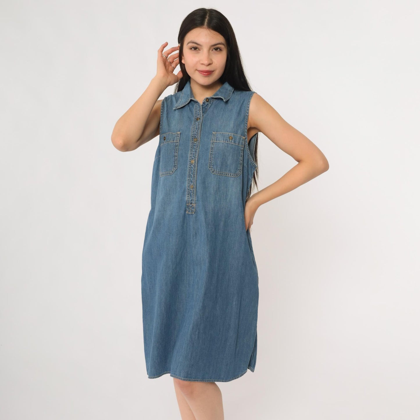 Y2K Chaps Denim Sleeveless Shirt Dress Blue Medium Wash Collar Extra Large XL