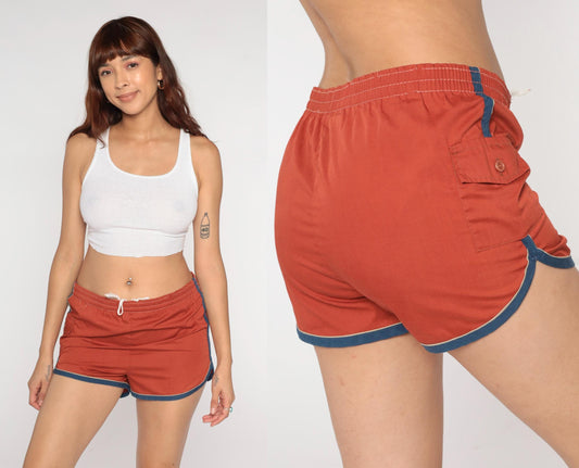 80s Brown Swim Shorts High Waist Elastic Drawstring Navy Piping Medium M