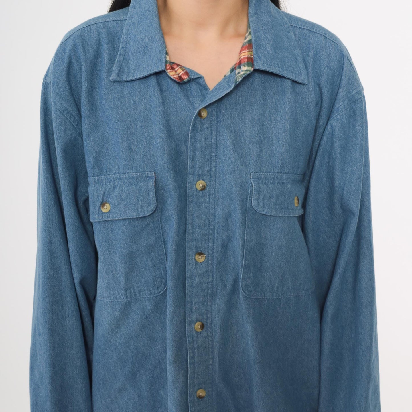 90s Scandia Woods Denim Shirt Flannel Lined Blue Button Down Large L