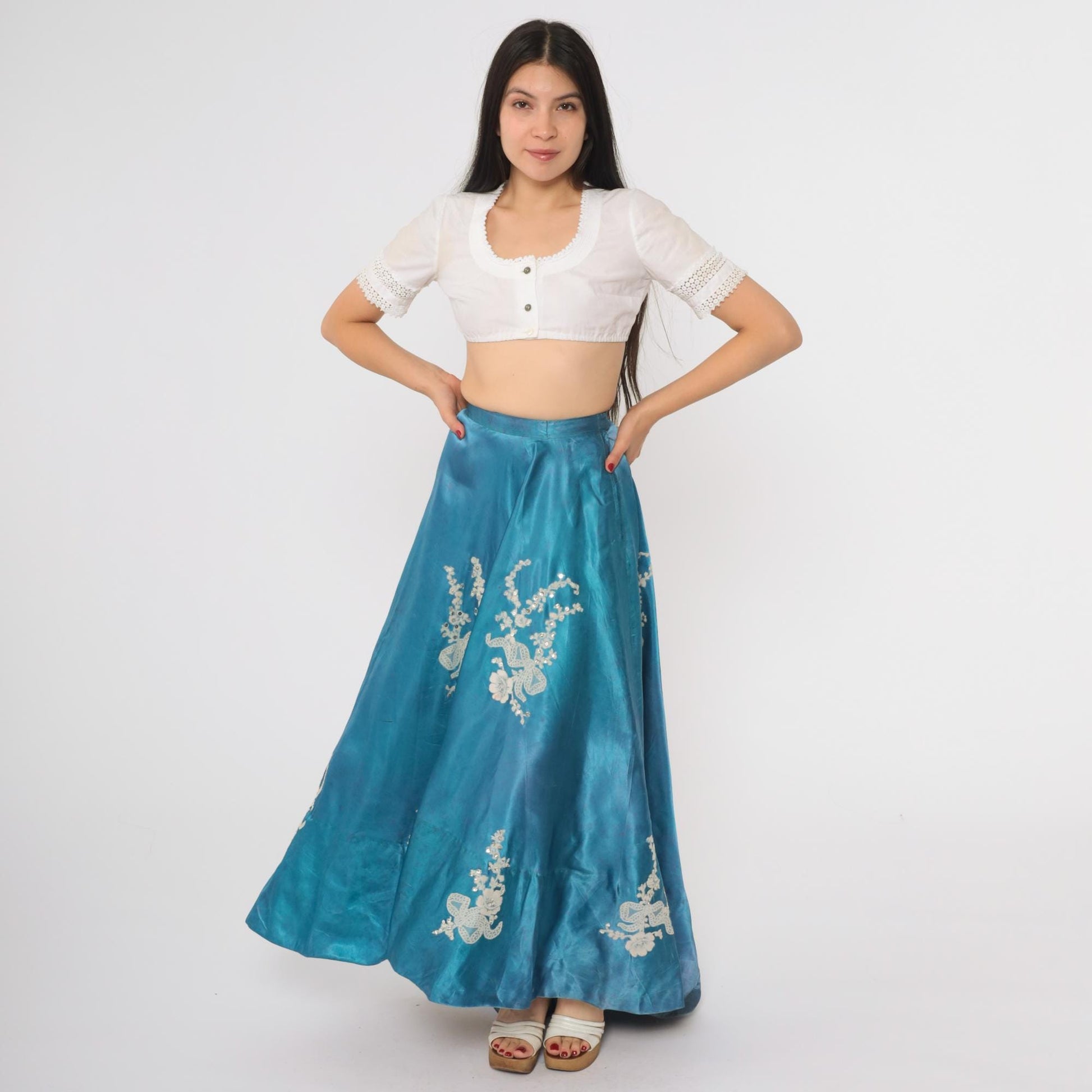 1940s Turquoise Circle Maxi Skirt Floral Embroidered High Waist XXS