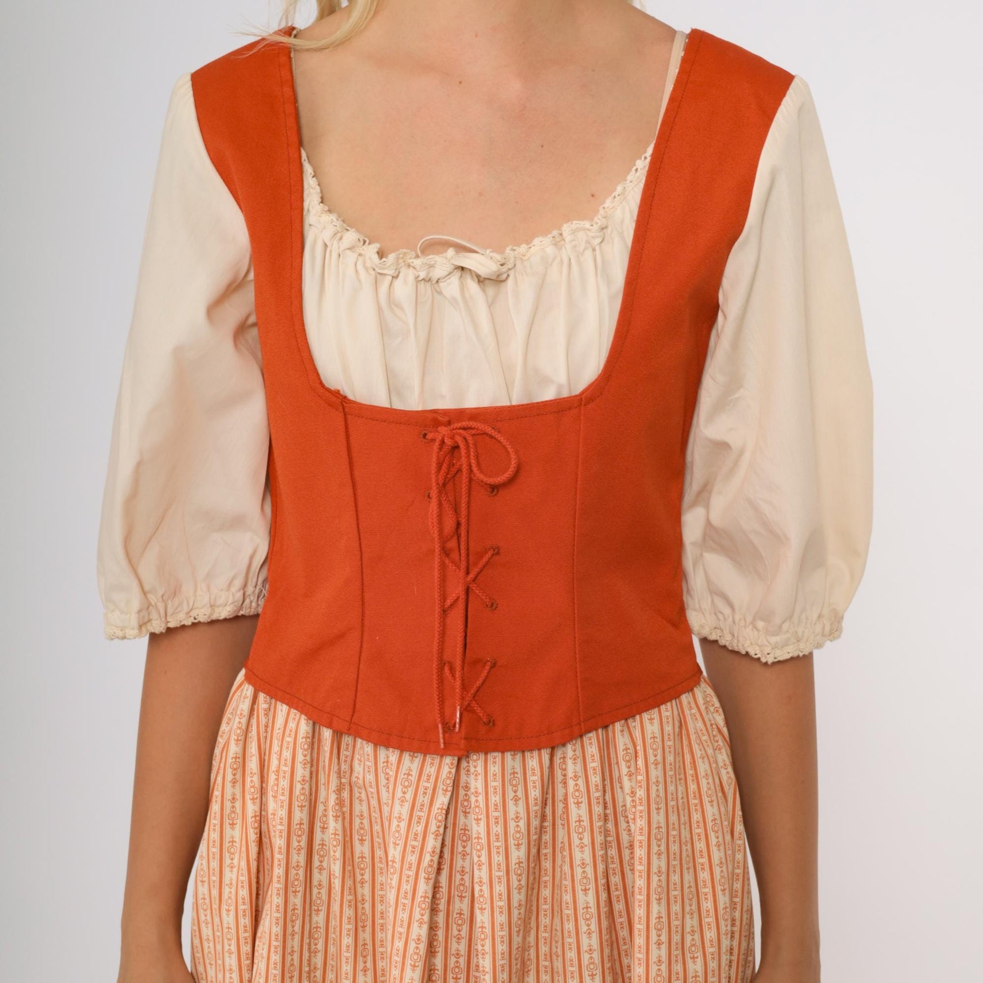 70s Prairie Maxi Dress Lace-Up Corset Puff Sleeve – Shopexile