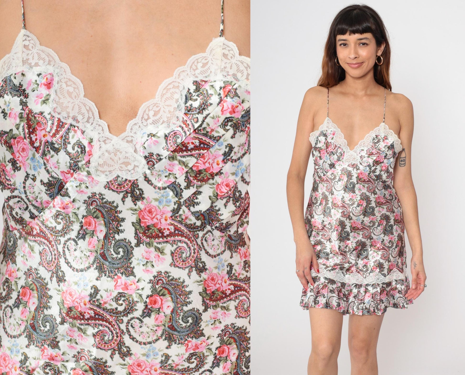 90s Victoria's Secret White Floral Satin Slip Dress Empire Waist Medium