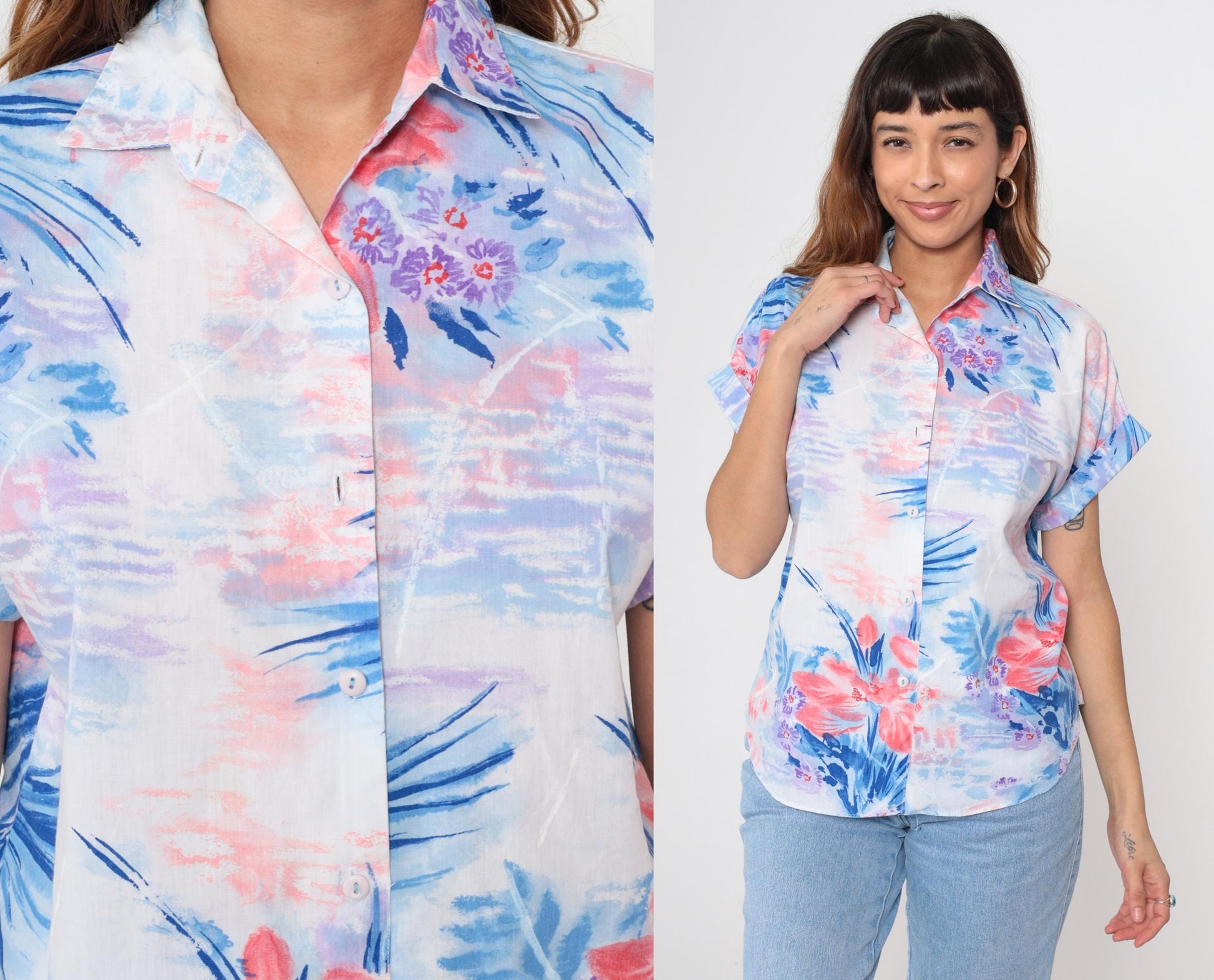 90s Watercolor Floral Button-Up Blouse Short Sleeve Collared Shirt Medium M