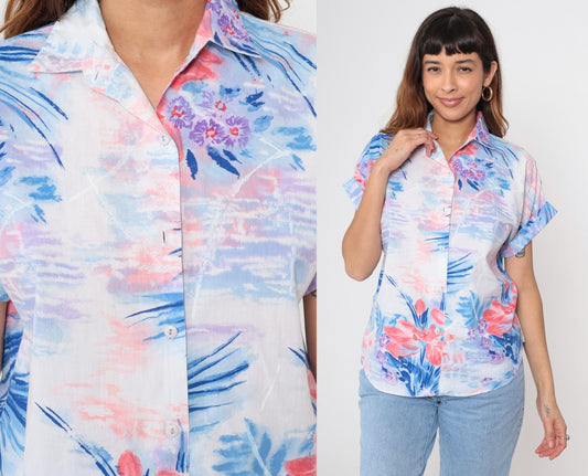 90s Watercolor Floral Button-Up Blouse Short Sleeve Collared Shirt Medium M