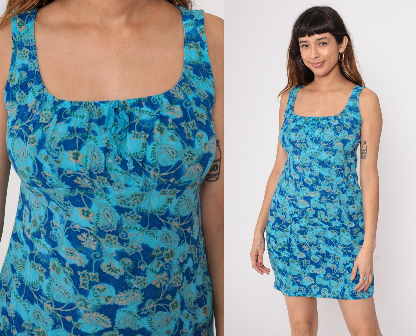 90s Tickets Clothing Mini Dress Tank Square Neck Blue Paisley Medium