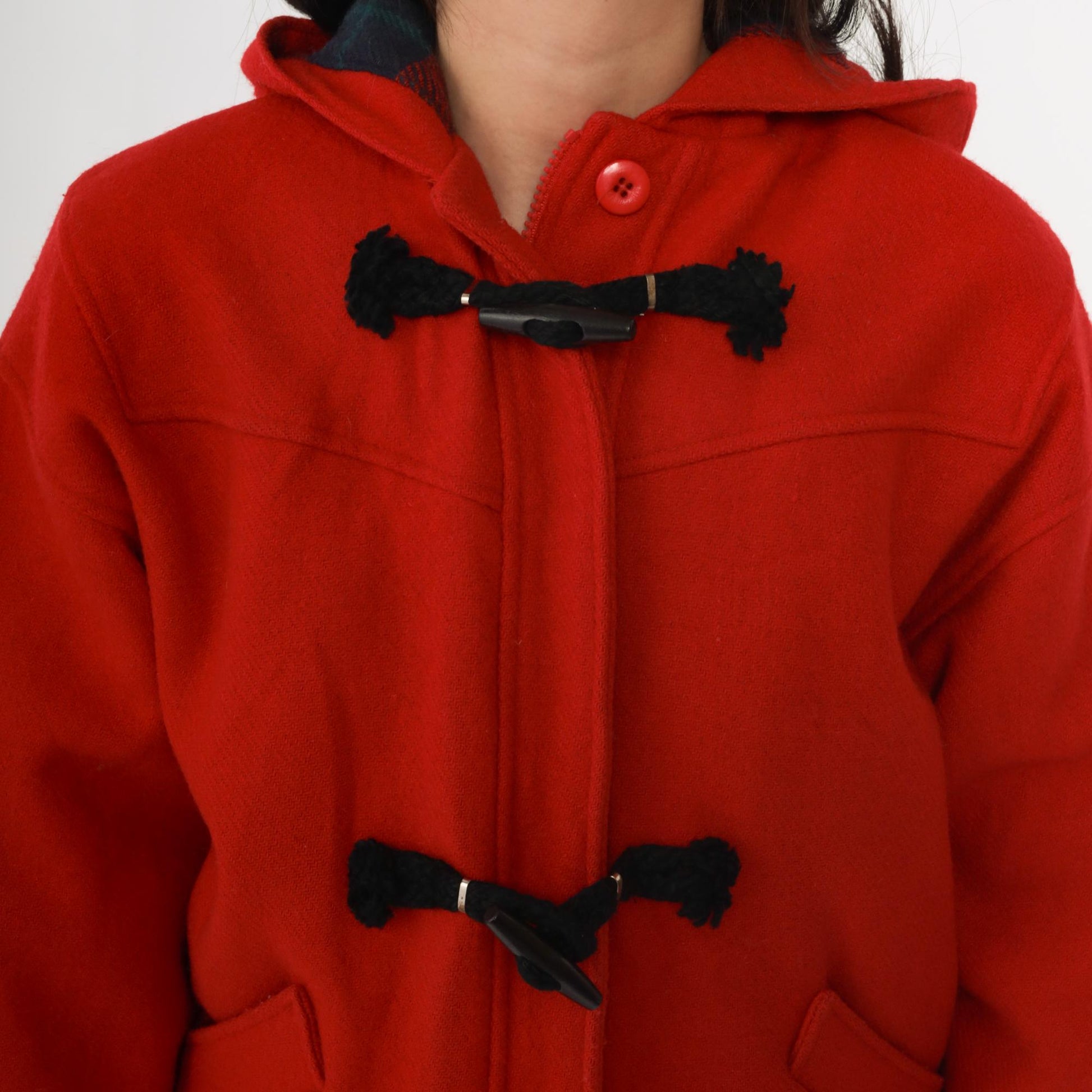 70s Woolrich Red Wool Duffle Coat Hooded Toggle Closures Plaid Lining Small