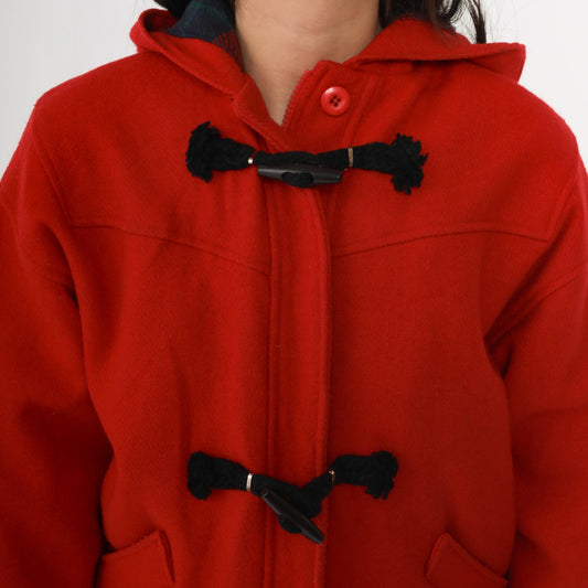 70s Woolrich Red Wool Duffle Coat Hooded Toggle Closures Plaid Lining Small