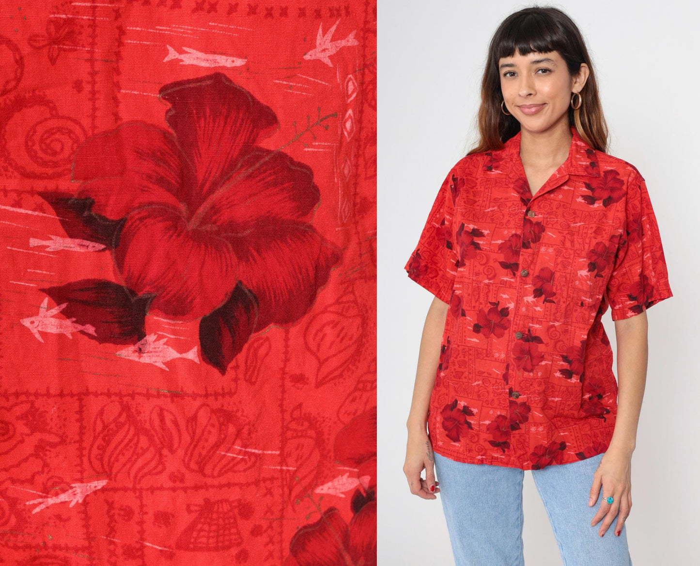 70s Hawaiian Shirt Red Floral Hibiscus Fish Print Cotton Button Up Medium