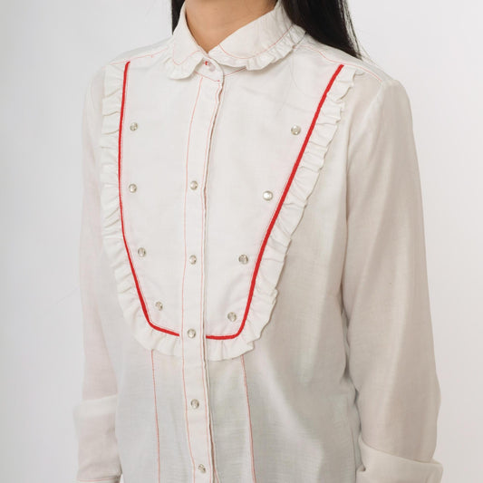 80s Rockmount Ranch Wear Western Bib Shirt White Red Piping Pearl Snap Medium