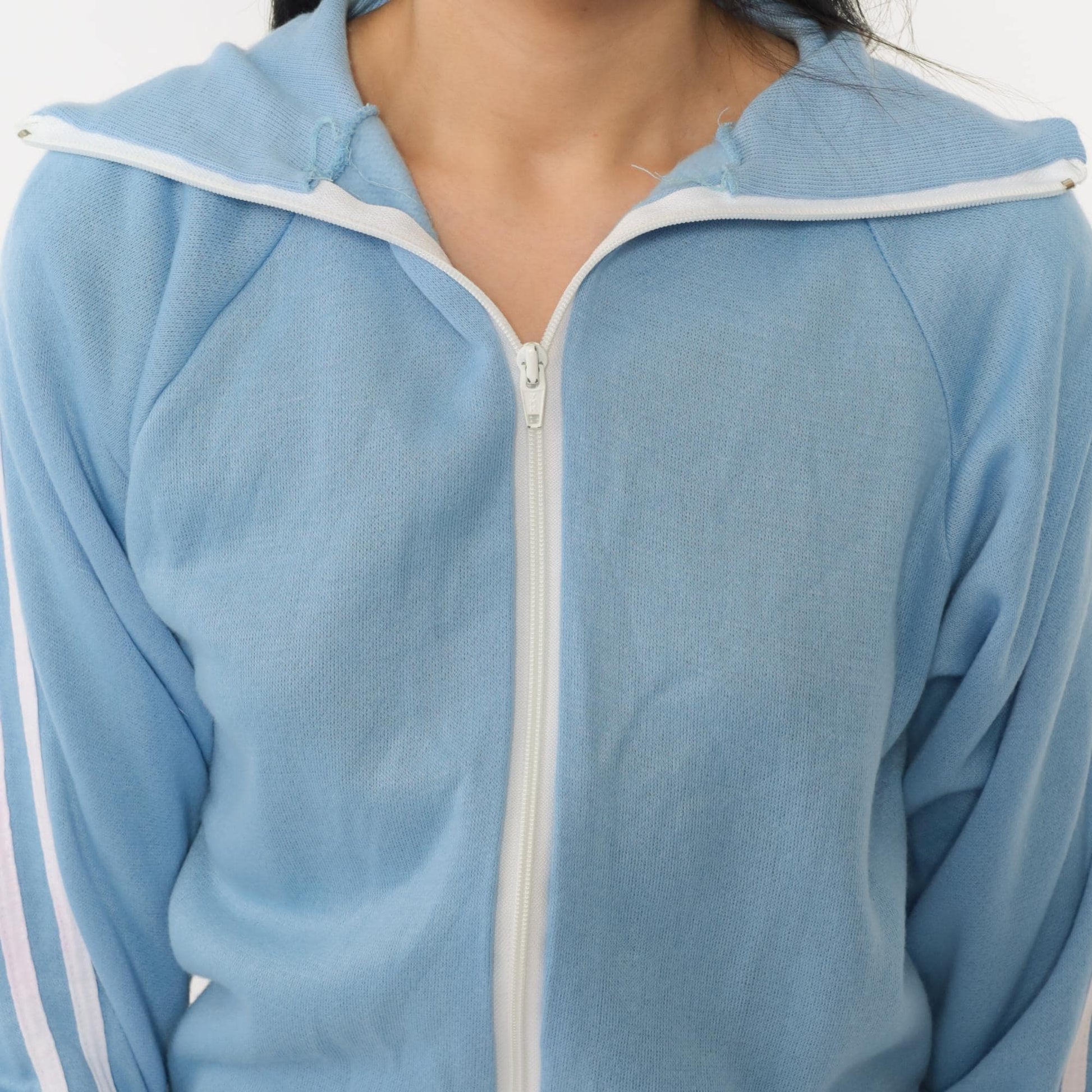 80s Sears Light Blue Striped Track Jacket Zip Front Hoodie Small