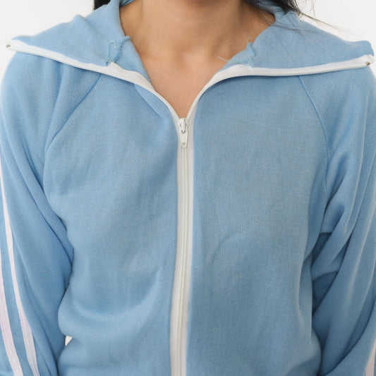 80s Sears Light Blue Striped Track Jacket Zip Front Hoodie Small