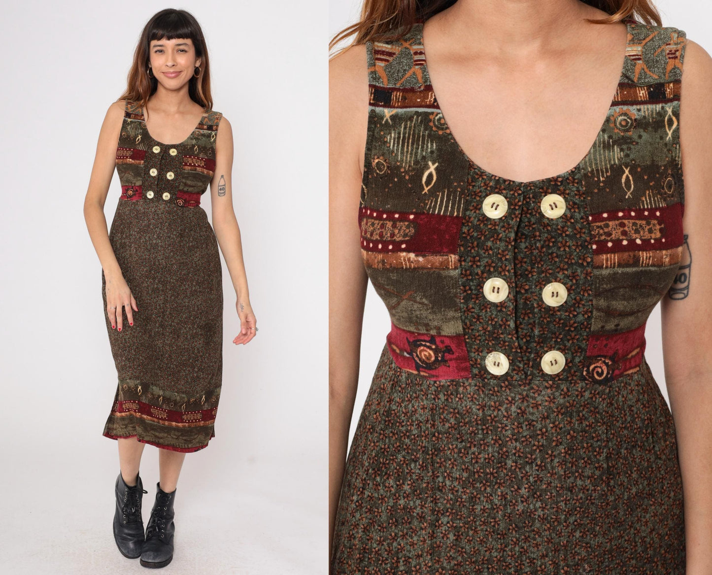 90s Patchwork Midi Dress Tribal Print Button Front Sleeveless Small S