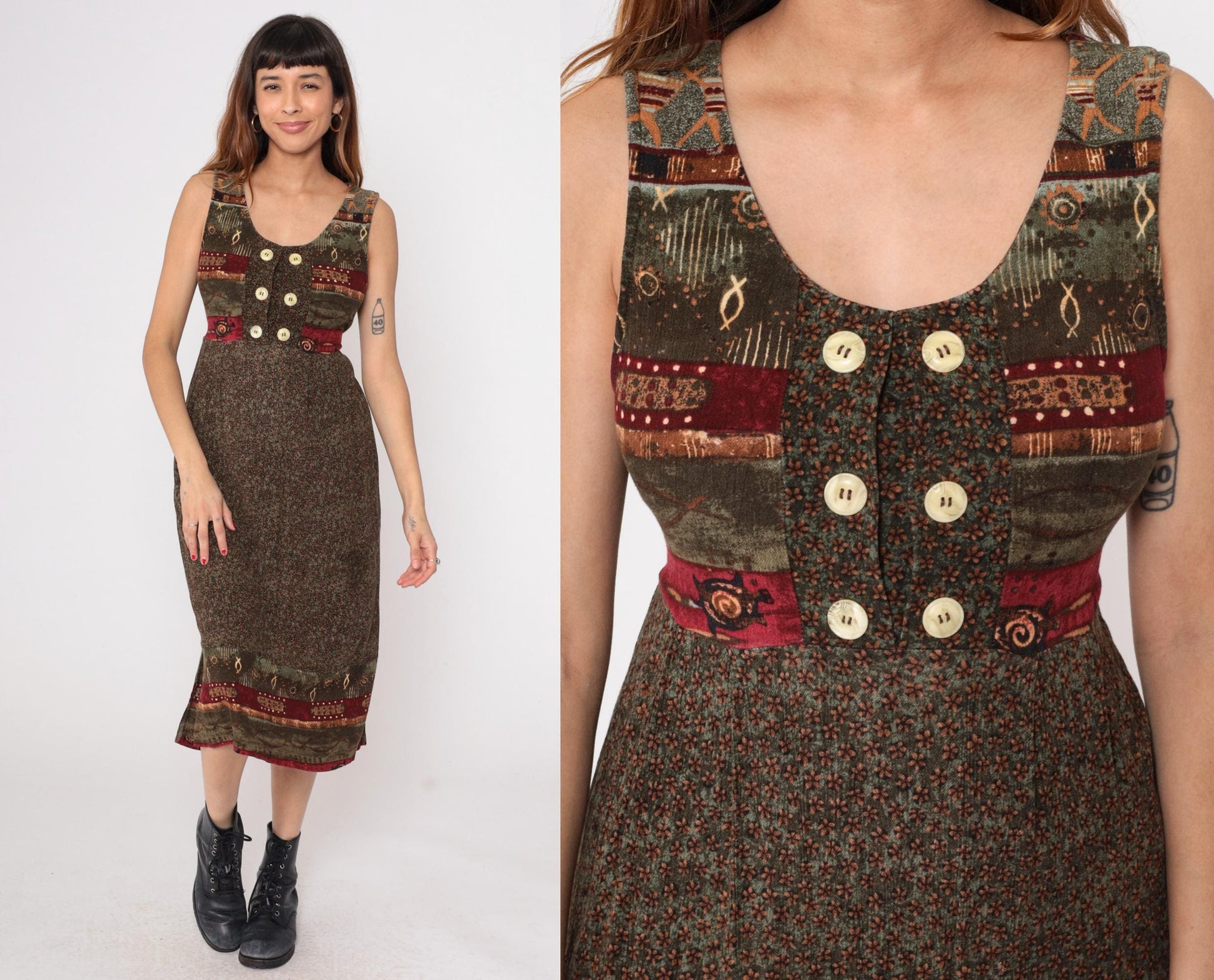 90s Patchwork Midi Dress Tribal Print Button Front Sleeveless Small S