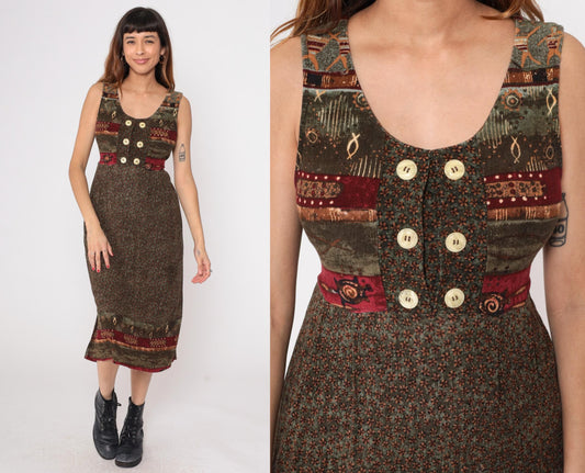 90s Patchwork Midi Dress Tribal Print Button Front Sleeveless Small S