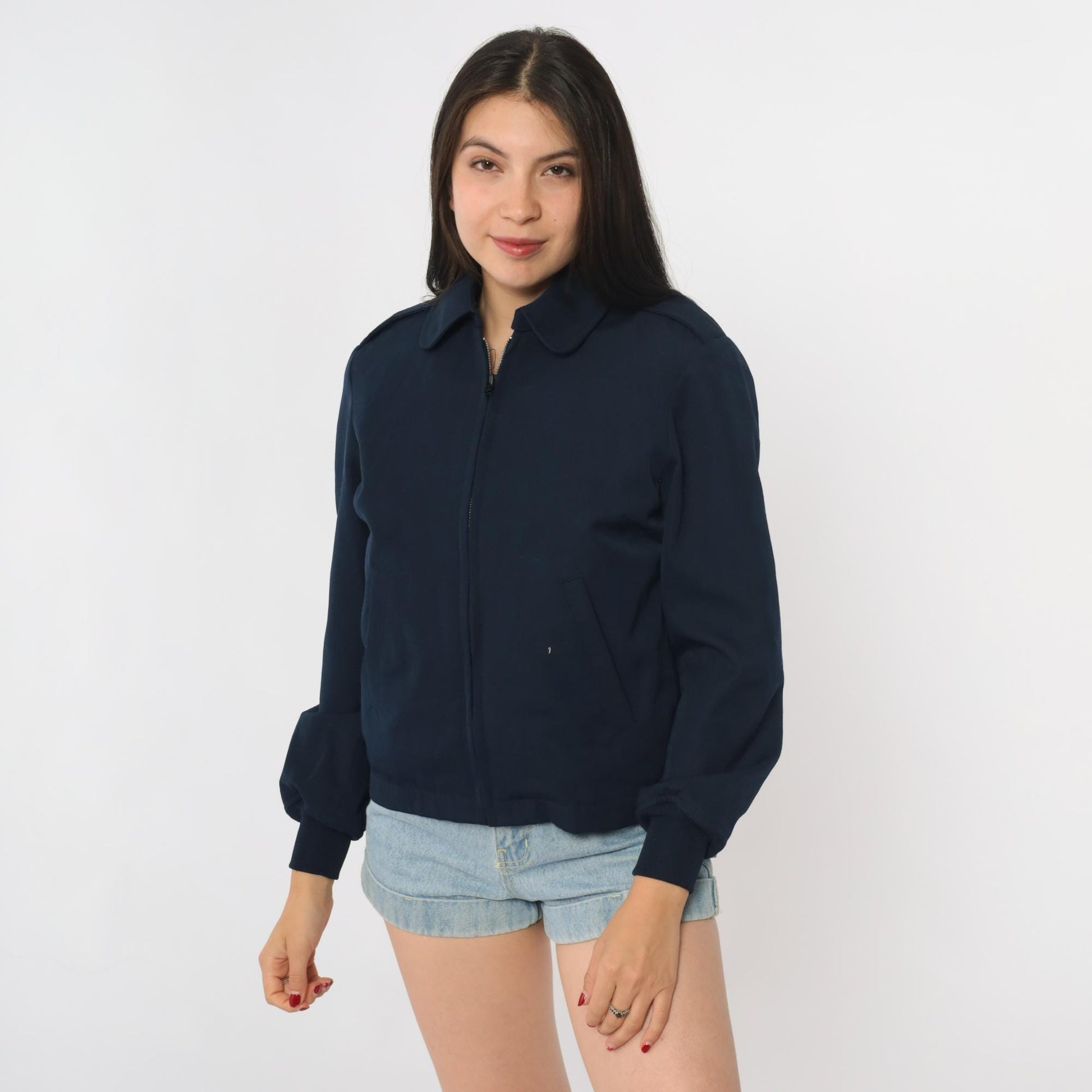 Y2K Navy Bomber Jacket Wool Blend Zip Front Ribbed Cuffs Small S