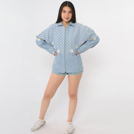 90s Gepetto Blue Polka Dot Daisy Embroidered Cotton Jacket Small