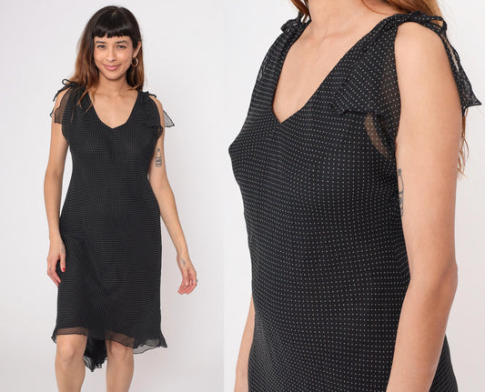90s Black Swiss Dot Midi Dress Sleeveless V-Neck Tie Shoulder Chiffon Medium