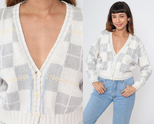 90s Liz Sport Cropped Cardigan Pastel Stripe V-Neck Cotton Medium M