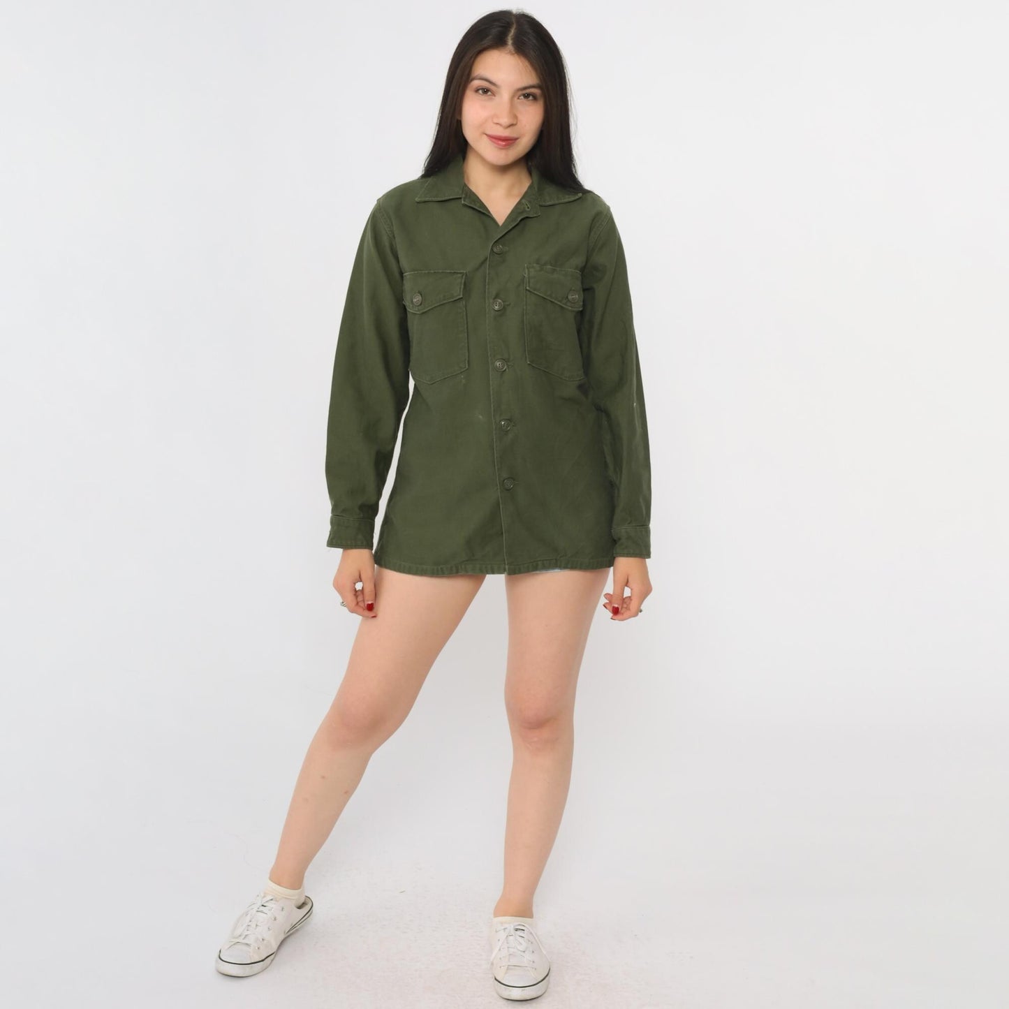 80s Army Green Military Utility Button-Down Shirt Cotton Sateen Small