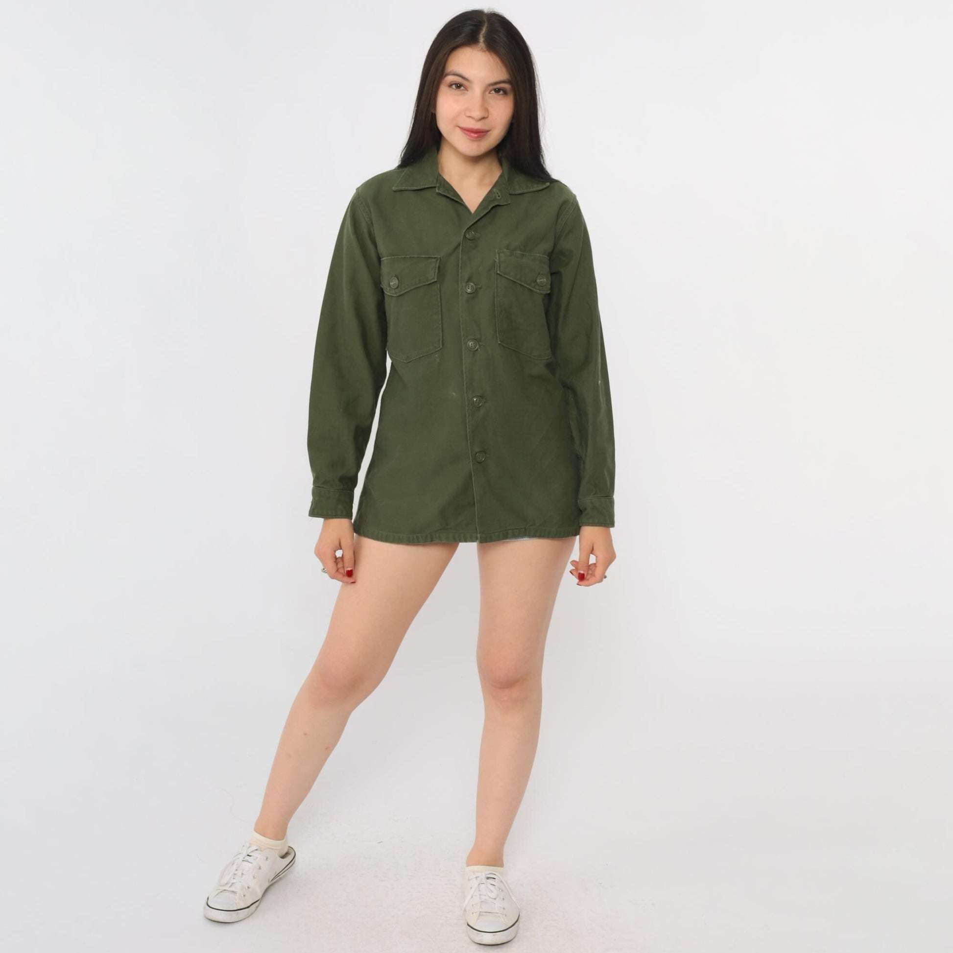 80s Army Green Military Utility Button-Down Shirt Cotton Sateen Small