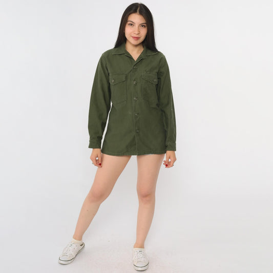 80s Army Green Military Utility Button-Down Shirt Cotton Sateen Small
