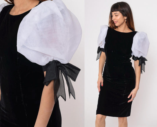 80s Rimini Black Velvet Midi Dress Puff Sleeves White Bow Ties Medium