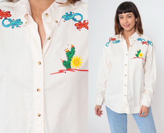 90s Pro Elite Cactus Gecko Embroidered Western Shirt White Cotton Large L
