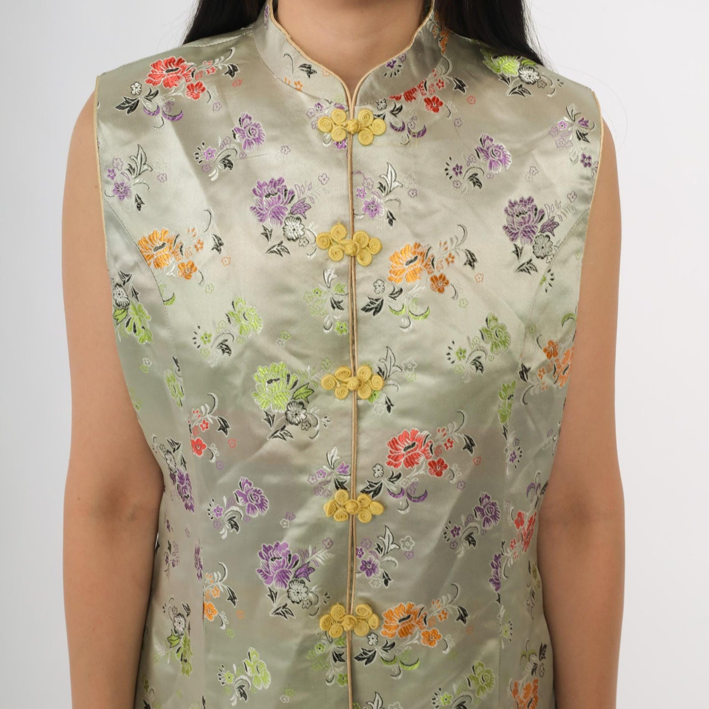 Y2K Sage Green Cheongsam Top Mandarin Collar Floral Embroidered Satin Small