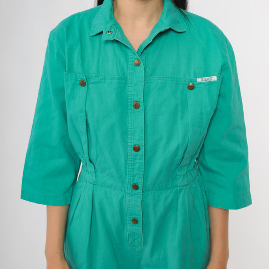 80s Ideas Turquoise Jumpsuit Button-Up Cotton Workwear Medium M