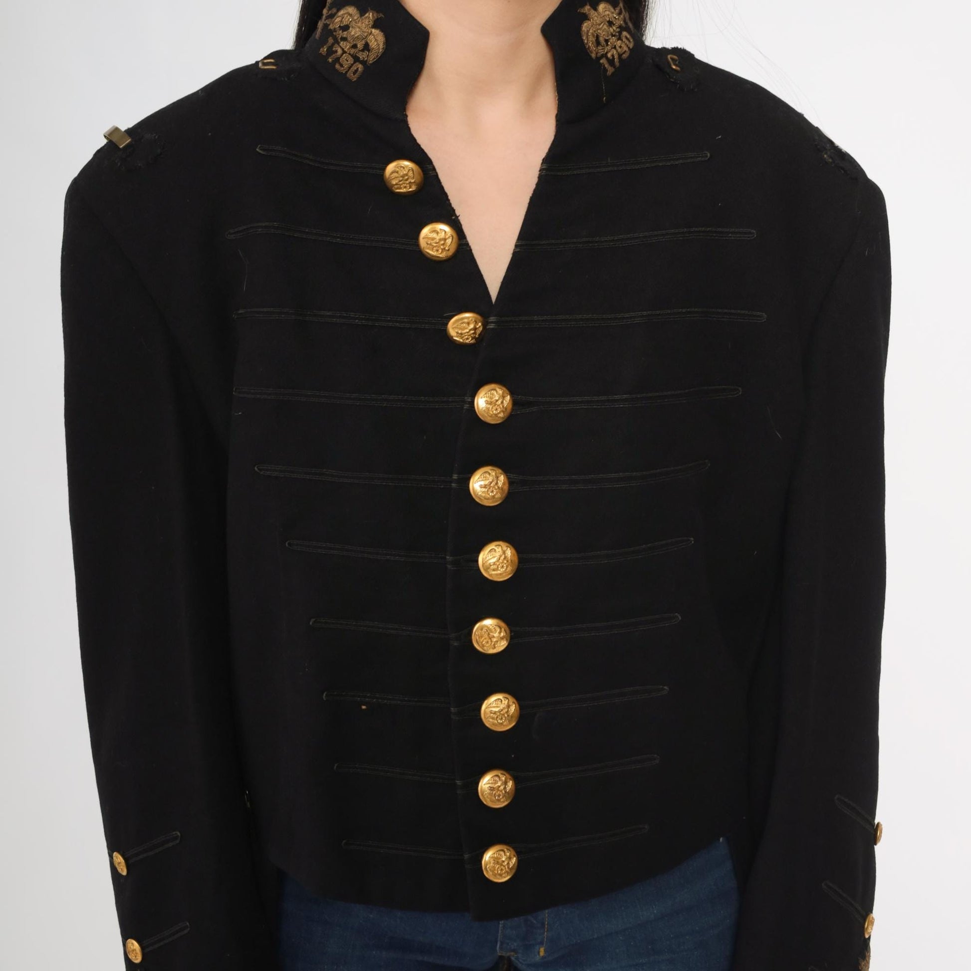 60s Black Wool Military Jacket Gold Buttons Embroidered Officer Coat Medium Large