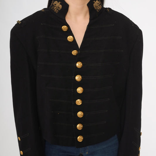 60s Black Wool Military Jacket Gold Buttons Embroidered Officer Coat Medium Large