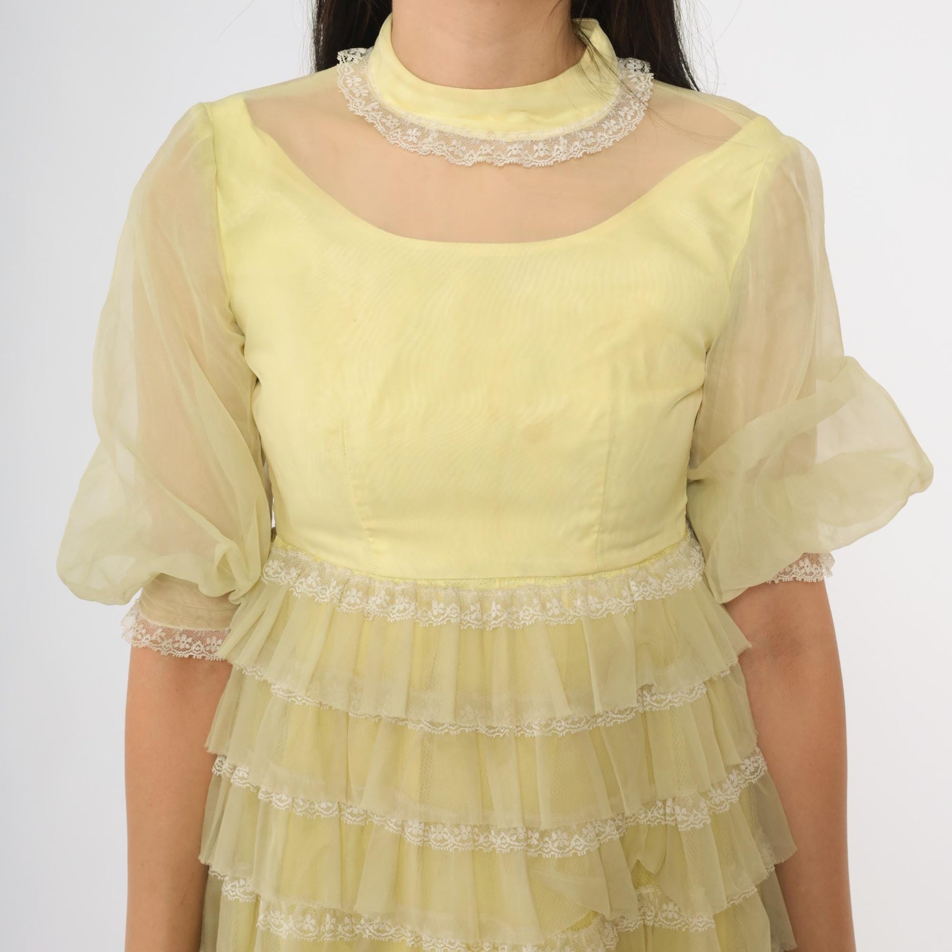 60s Yellow Maxi Dress Tiered Puff Sleeve Lace Trim Extra Small XS